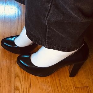 FSJ Black Pointy Toe Chunky Pumps Slip On Heels